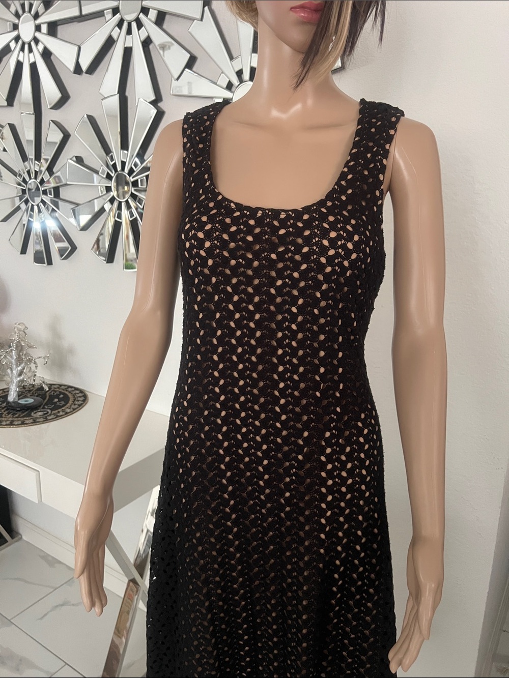 AUW Black Sleeveless Crochet Midi summer Dress fully stretch, back longer,size M